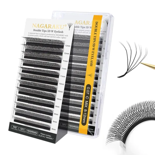 Miniatura 107 de NAGARAKU Extensiones de pestañas Double Tips 4D W, suministros con puntas dobles, gruesas con rizado D de 0.07 mm, bandeja mixta 8-15 mm, 0.07-D