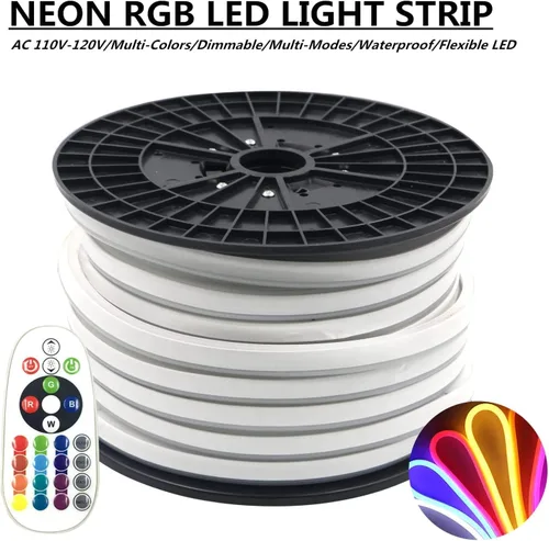Miniatura 8 de SYMHMT - Tira de luz LED RGB de neón, CA 110 V/multicolor, regulable, multimodos, impermeable, flexible, con control remoto (32.8 pies, RGB)