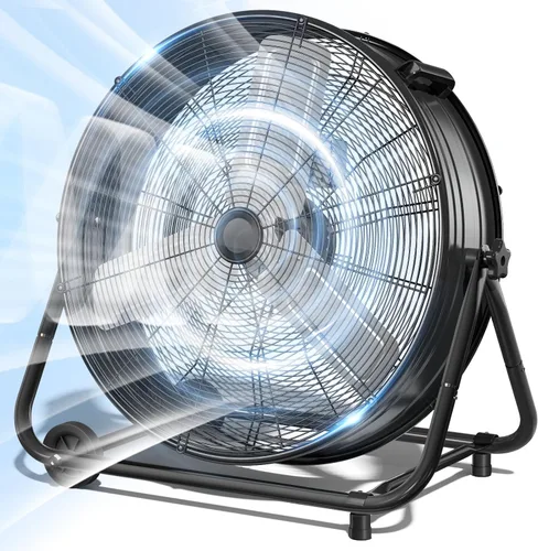 Miniatura 10 de LifePlus Ventilador de Tambor Industrial de 24 Pulgadas, Ventilador de Piso de Taller de Alta Velocidad, 3 Velocidades, Circulador de Aire de Metal