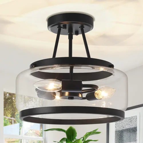 Miniatura 11 de Lámpara de techo semiempotrada dorada de 11.81 pulgadas, moderna lámpara de techo de tambor de cristal, lámpara de techo de 3 luces para pasillo