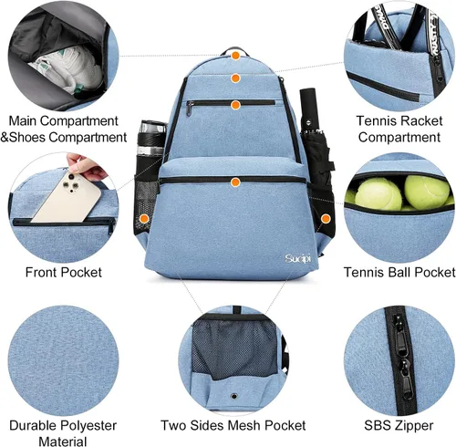 Miniatura 3 de Sucipi Bolsa de Tenis Profesional Mochila de Tenis para Hombres y Mujeres Bolsas de Raqueta con Capacidad para 2 Raquetas con Compartimento Azul