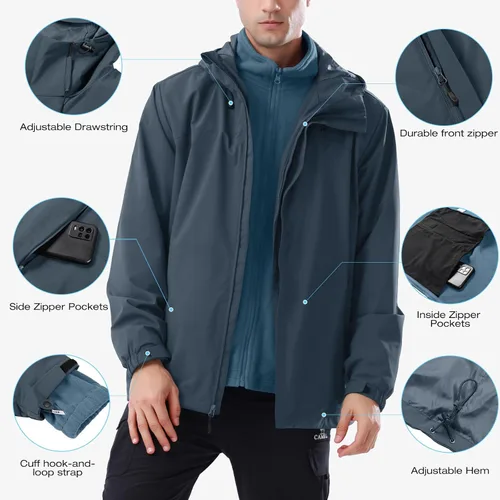 Miniatura 4 de CAMEL CROWN - Chaqueta de esquí para hombre 3 en 1, chaqueta de invierno impermeable para nieve, cortavientos, con capucha y forro polar cálido Gris