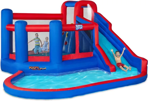 Sunny & Fun Big Time Bounce-A-Round - Parque inflable de tobogán acuático – Resistente para diversión al aire libre – Pared de escalada, tobogán,