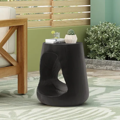 Miniatura 4 de Mesa auxiliar pequeña hueca de 14.5 pulgadas de ancho, mesa auxiliar con textura similar a la madera, mesa auxiliar redonda con pedestal con acabado
