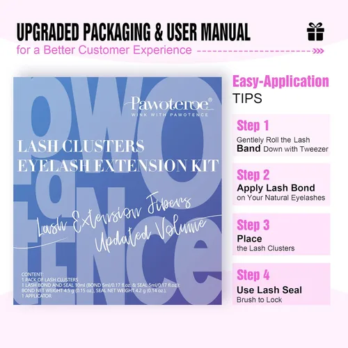 Miniatura 7 de Kit de extensión de pestañas Pawotence DIY 40D 12-18mm, 280 unidades, kit de extensiones de pestañas en racimo con adhesivo y sello, pinzas