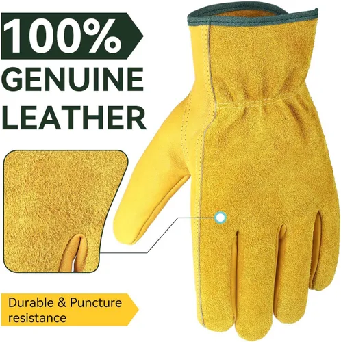 Miniatura 8 de OZERO 5 pares de guantes de trabajo de cuero Flex Grip, guantes de jardinería de piel de vaca resistentes para corte de oro (5 pares)