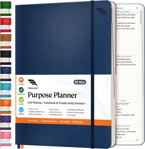 Roterunner Cuaderno Planificador de Propósitos B5 7.5”x9.8” Planificador Sin Fechas 2025 Herramienta de Productividad y Establecimiento de Objetivos