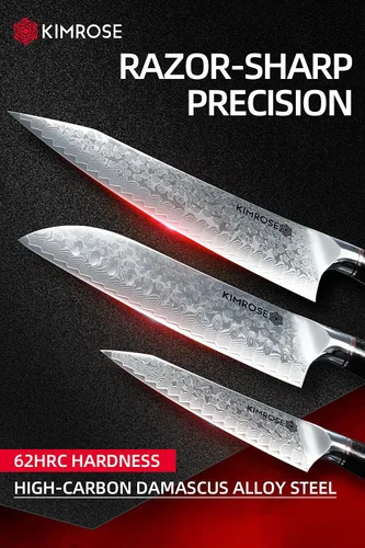 Miniatura 2 de KIMROSE Juego de cuchillos de Damasco - 3 piezas - Acero de aleación de alto carbono 10Cr15CoMoV - Cuchillo de chef profesional - Mango G10