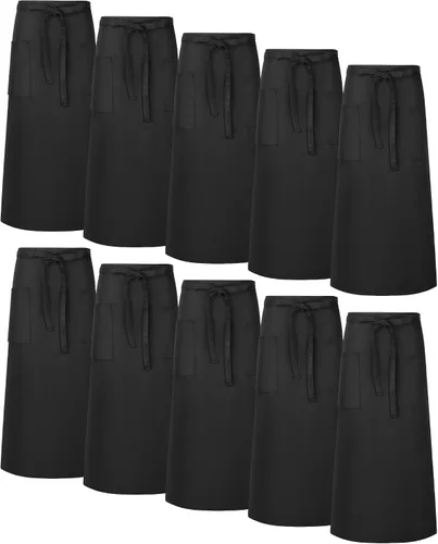 Xtinmee 10 delantales de bistró, 2 bolsillos, de 32 pulgadas, impermeables, media cintura, delantal de bistró negro con lazos largos en la cintura