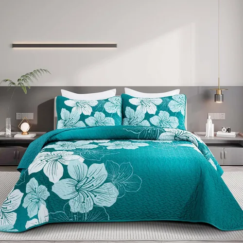 Miniatura 14 de DJY Juego de edredón de 3 piezas, tamaño completo, diseño floral azul, elegante colcha bohemia con 2 fundas de almohada, juego de edredón ligero