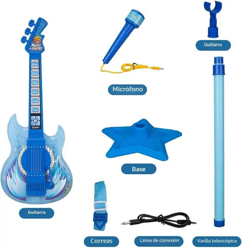 Miniatura 5 de TAKIHON Juego de guitarra y micrófono para niños, juguetes de guitarra con música y luz colorida, micrófono de altura ajustable con soporte