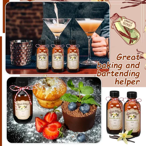 Miniatura 6 de Uiifan 8 Botellas de Extracto de Vainilla Boston Redondas con Tapas, Botella de Vidrio y 8 Etiquetas Adhesivas de Extracto de Vainilla para Jarabe