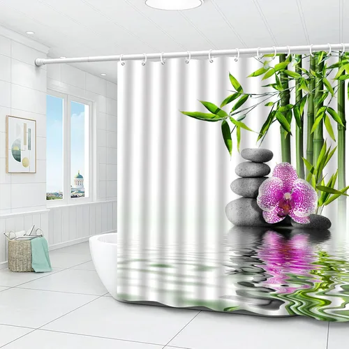 Miniatura 3 de Cortinas de ducha Zen de bambú verde flor púrpura reflejo de piedra agua paisaje spa jardín patrón impresión baño accesorios cortina juego
