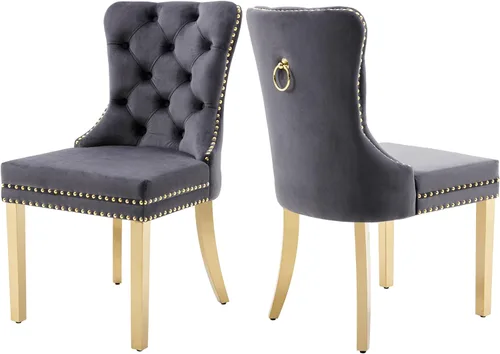 Miniatura 15 de Sillas de Comedor de Terciopelo Juego de 4, Colección Nikki Sillas de Comedor con Patas de Acero Inoxidable Plateado y Anilla, Silla Lateral de Lujo