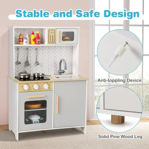 Miniatura 5 de Costzon Juego de cocina para niños, cocina de madera con luces y sonidos, estufas, fregadero, grifo, microondas, horno y accesorios de cocina, juego