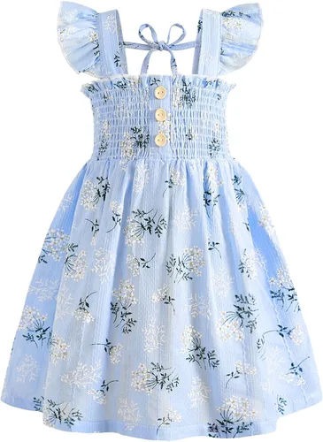 JEELLIGULAR Vestido para niña pequeña, con volantes, sin mangas, con botones, vestido de verano para playa, casual, acampanado, vestido de verano