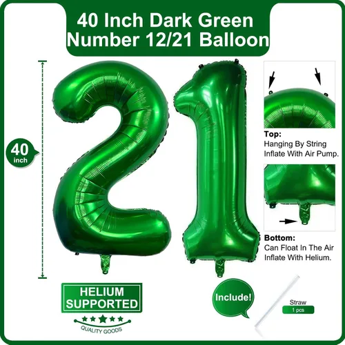 Miniatura 2 de Lovoir Globo verde oscuro de 40 pulgadas con el número 12 del número 21 de gran tamaño gigante, globos de helio verde oscuro para fiesta