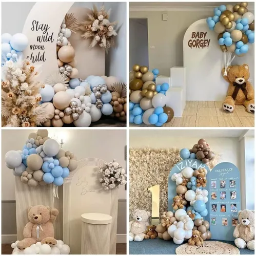 Miniatura 7 de Globos azules y marrones, 60 piezas, juego de globos de látex color azul macarrón, blanco, arena, nude, marrón claro, para decoración de baby shower