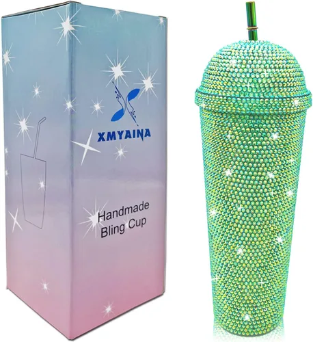 Miniatura 8 de Vaso de 24 onzas con diamantes de imitación hechos a mano con tachuelas, botella de agua reutilizable de plástico con doble pared con tapa y pajitas