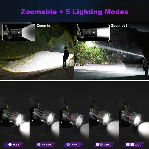 Miniatura 4 de Linterna frontal recargable LED súper brillante de 1200 lúmenes, lámpara frontal con 9 modos de iluminación, ajustable a 90° e impermeable IP67