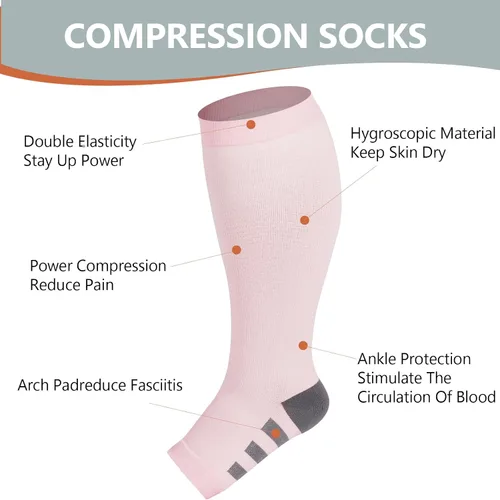 Miniatura 4 de Abodhu Calcetines de compresión de talla grande con punta abierta para mujeres y hombres, 15-20mmHg pantorrilla ancha hasta la rodilla, calcetines
