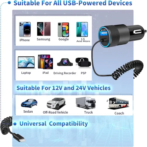 Miniatura 7 de Certificado MFi: cargador de coche para iPhone de carga rápida, cargador USB Caiinei 4.8A cargador de coche de carga rápida adaptador de encendedor