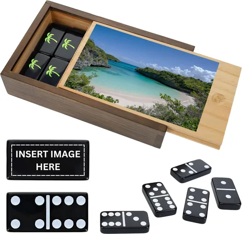WE Games Logotipo de color personalizado o imagen doble 6 dominó negro fijado en caja de madera Impresión en color de imagen