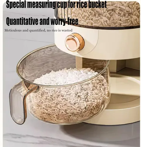 Miniatura 3 de Peaoop Dispensador de arroz de 11 libras, gran contenedor de almacenamiento de granos con tapa, cilindro de medición para el hogar, dispensador