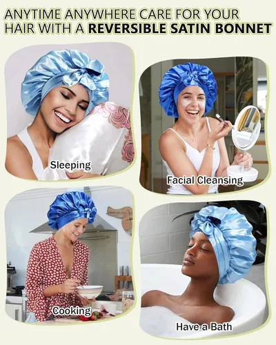 Miniatura 7 de AWAYTR Gorro de satén de seda para dormir para mujeres con cabello rizado, gorro de dormir reversible de doble capa con banda de amarre (azul) 7