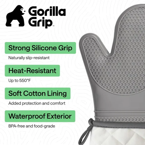 Miniatura 2 de GORILLA GRIP - Juego de guantes de horno de silicona suave sin BPA, guantes de cocina resistentes al calor e impermeables, forro de algodón grueso