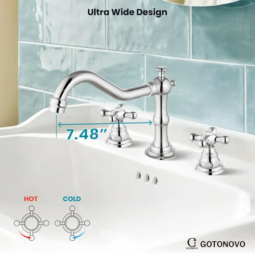 Miniatura 3 de gotonovo Grifo de baño de 3 orificios de 8 pulgadas de separación amplia, grifo de lavabo de baño con 2 manijas cruzadas, grifo mezclador vintage