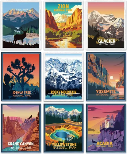 Outus Juego de 9 pósteres de arte vintage del parque nacional, arte de la naturaleza y la montaña, juego de impresiones abstractas de viaje sin