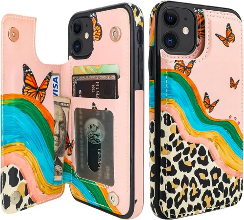 Miniatura 16 de HAOPINSH Funda tipo cartera para iPhone 11 con portarjetas, patrón de mármol rosa azul con tapa trasera plegable, funda de cuero PU con soporte