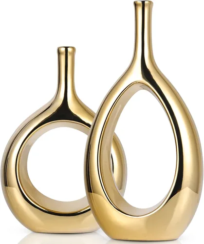 LCCCK - Jarrón dorado brillante de cerámica, jarrones dorados para decoración del hogar, jarrón moderno minimalista circular con agujero, jarrones