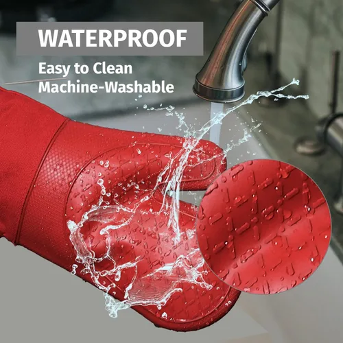 Miniatura 5 de Klex Manoplas de horno de silicona extralargas y soportes para ollas, resistencia al calor de 932 °F con guantes de horno acolchados y almohadillas