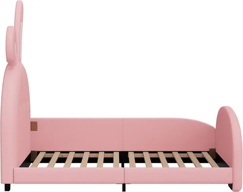 Miniatura 5 de Cama de princesa tapizada en forma de conejo de tamaño individual, moderna y bonita cama de plataforma de piel sintética con cabecero y estribo