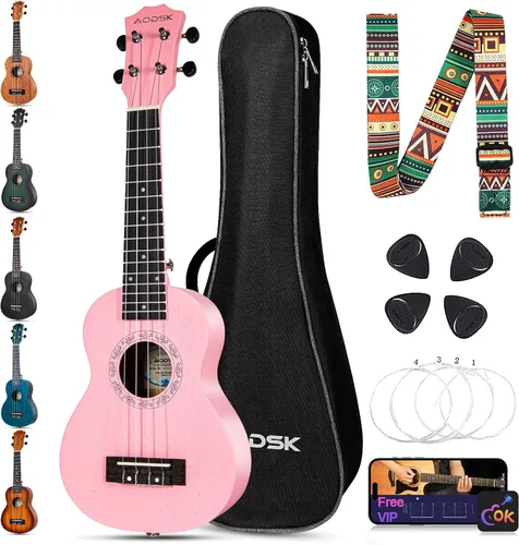 Miniatura 24 de AODSK Ukelele negro de concierto para principiantes de 23 pulgadas con correa para bolsa de concierto, cuerda de nailon, 4 púas, regalo de vacaciones