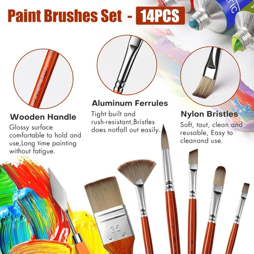 Miniatura 4 de 14 piezas de pinceles de pintura acrílica, juego de pinceles de pintura profesional con cerdas sintéticas y cuchillo de paleta extra - Pinceles