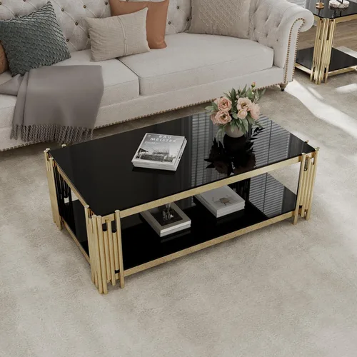 Miniatura 19 de Mesa de centro rectangular moderna de vidrio con parte superior de cristal templado negro y marco de acero inoxidable para sala de estar