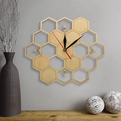 Miniatura 5 de XDG Reloj de pared de madera natural con diseño de abejas y panal de abeja, arte de pared, diseño de abeja, miel, contemporáneo, para decoración