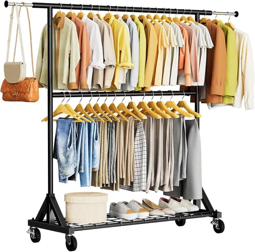 Miniatura 9 de Luxspire Perchero de doble barra para colgar ropa, perchero con ganchos laterales, estantes inferiores, ruedas de 360°, percheros para dormitorio