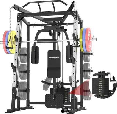 Miniatura 8 de SunHome Smith Machine, soporte para sentadillas Power Cage con barra Smith, sistemas de tracción LAT, máquina cruzada de cables y accesorio de cable