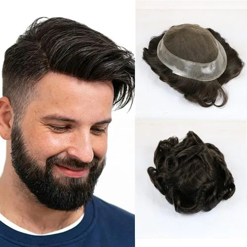 SIMBEAUTY Encaje francés con base australiana con poliuretano alrededor de los hombres, peluca de cabello humano cómoda onda, sistema de reemplazo