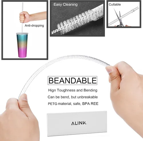 Miniatura 3 de ALINK Paquete de 12 popotes reutilizables con purpurina, popotes de plástico duro transparente de 11 pulgadas de largo, popotes de repuesto