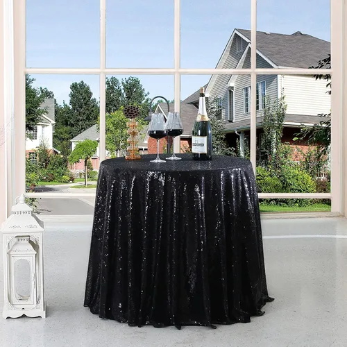 Miniatura 7 de Manteles redondos de lentejuelas negros para fiestas, de 121,9 cm, mantel redondo de purpurina ajustado, pequeño, lindo y dulce, para boda