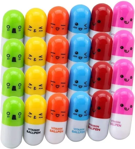 Miniatura 2 de 24 bolígrafos de píldora de vitaminas, bolígrafo de punta redonda retráctil novedoso con cara sonriente, lindo dibujo animado con emoción