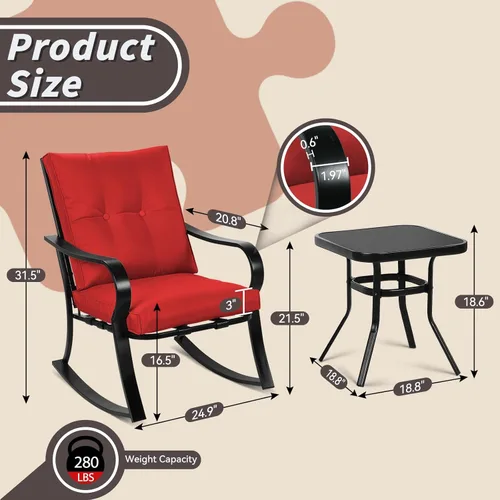 Miniatura 3 de Juego de 3 sillas mecedoras para exteriores, juego de muebles de patio, mesa de centro con tapa de vidrio y sillas de hierro negro con cojines Rojo