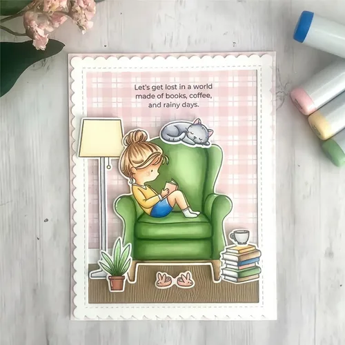 Miniatura 7 de Juego de sellos y troqueles para niña con un libro en el sofá para hacer tarjetas, sellos transparentes y troqueles de corte de metal para álbumes