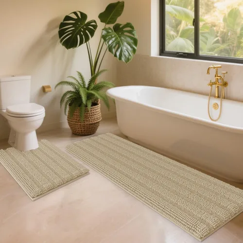 Miniatura 14 de ACCUMTEK - Juego de alfombras de baño a rayas beige de 3 piezas, ultrasuaves, antideslizantes de chenilla, alfombras de baño mullidas y absorbentes
