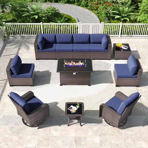 Miniatura 98 de Kullavik Juego de 13 muebles de patio al aire libre con mesa de fogata de gas propano de 43 pulgadas, 55000 BTU, mimbre de polietileno, sofá Arena